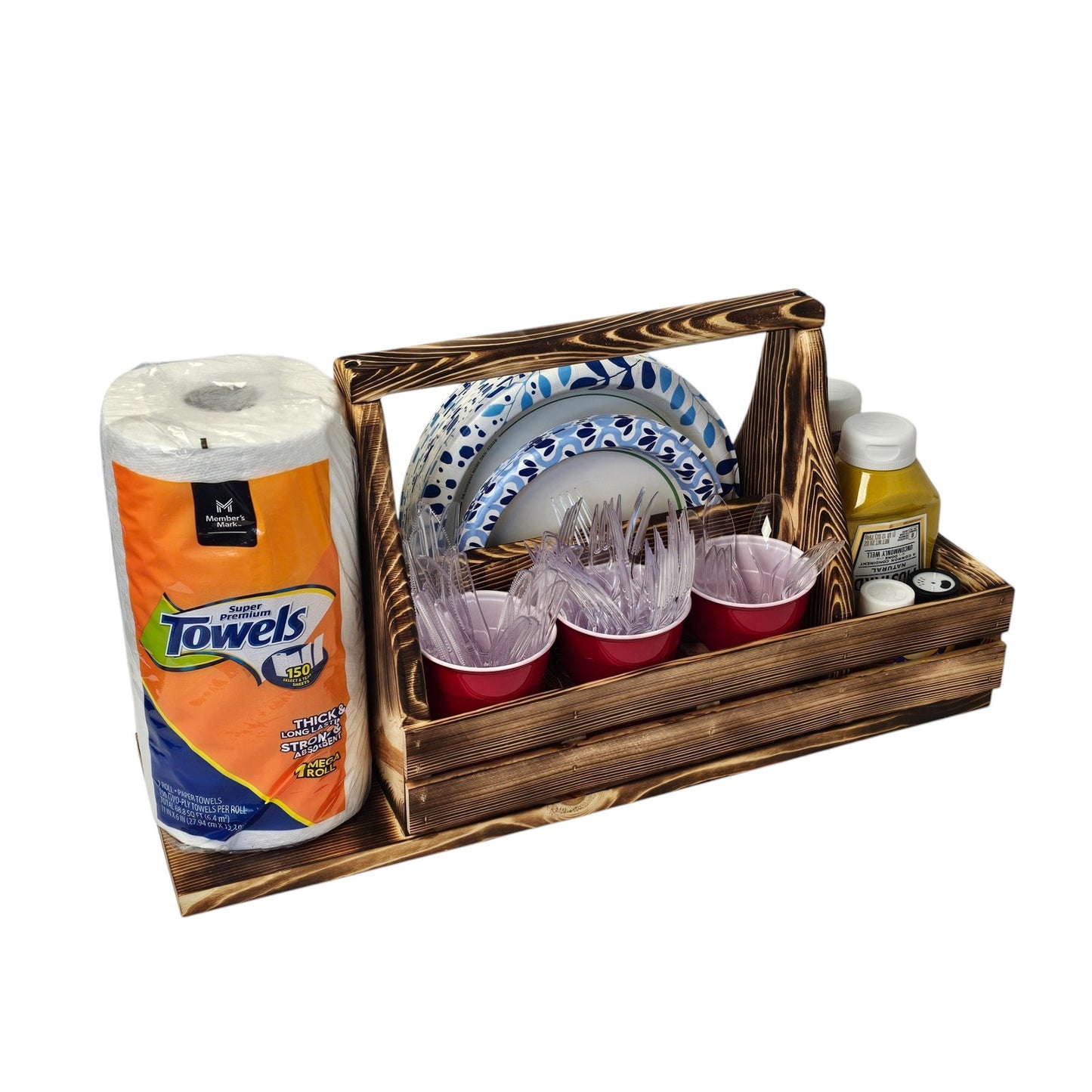 Wooden Picnic BBQ Caddy w/ Paper Towel & Condiment Holder - Made in Utah