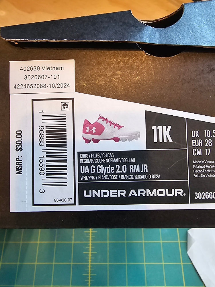 Under Armour Girls' Glyde 2.0 RM Jr. Softball Cleats - White/Pink, Size 11K