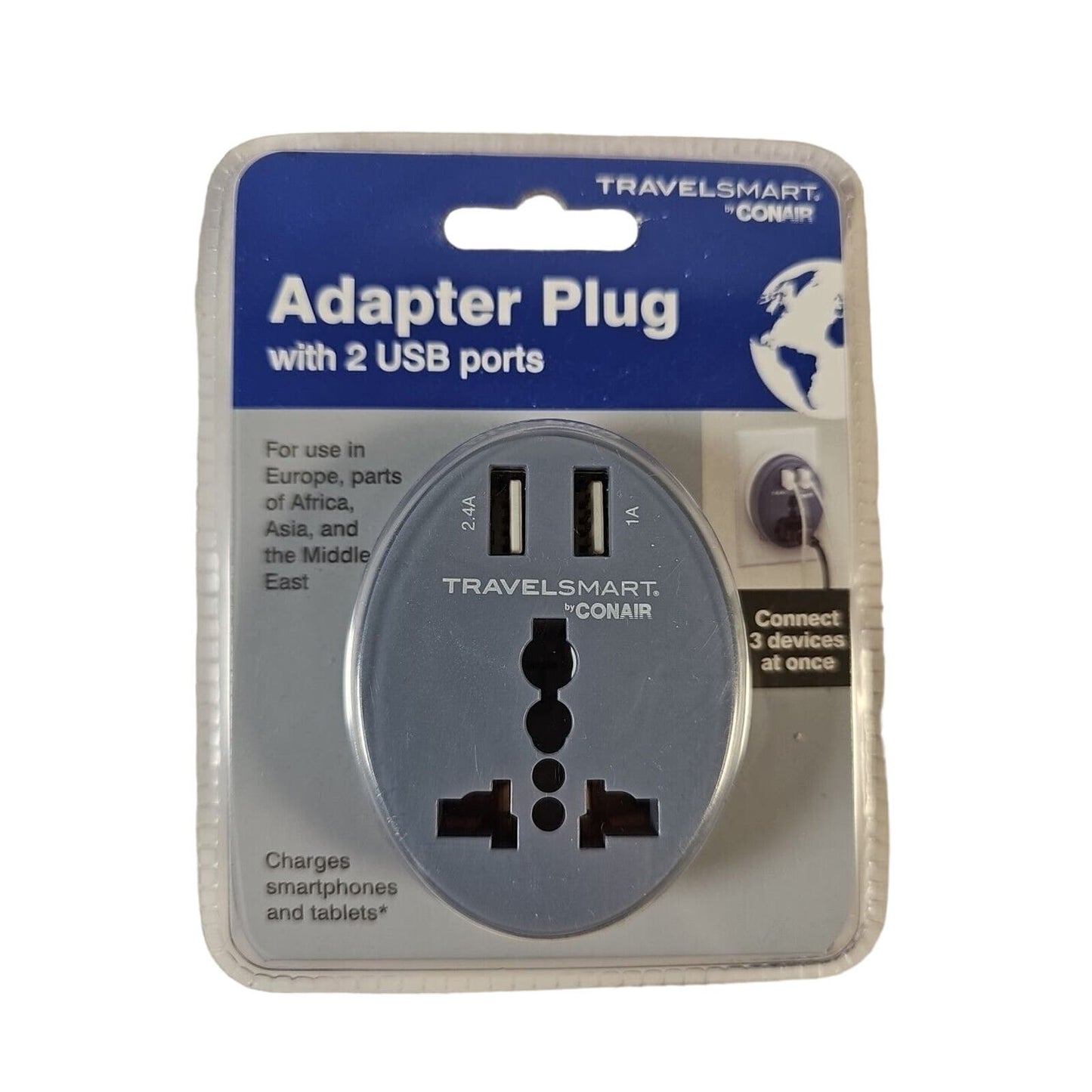 Travel Smart by Conair - Adapter Plug W/ 2 USB Ports For Use In Europe, Asia +
