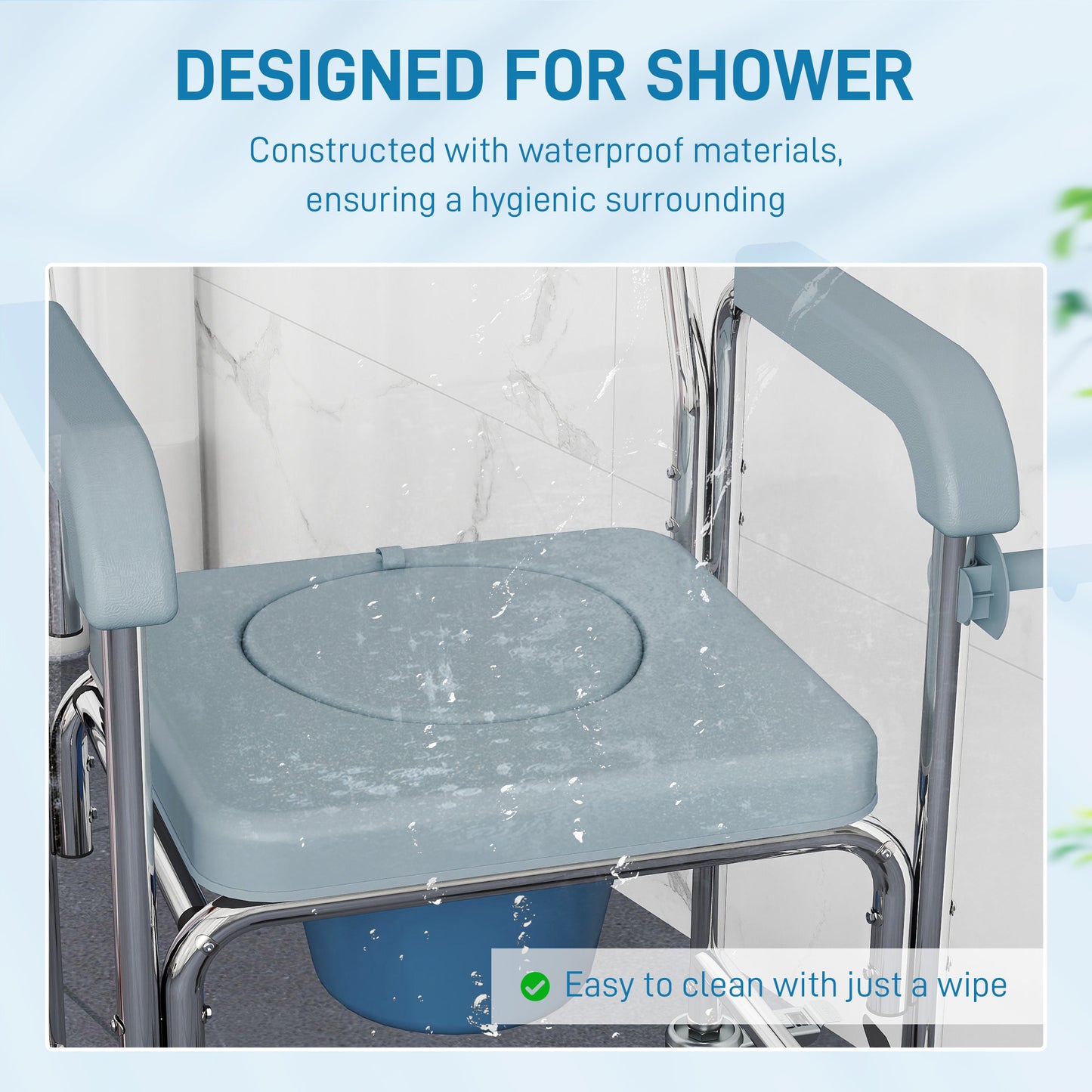 HOMCOM Rolling Shower Wheelchair for Seniors, Bedside Commode Chair with Locking Wheels, Seat, Backrest, Arms, Gray