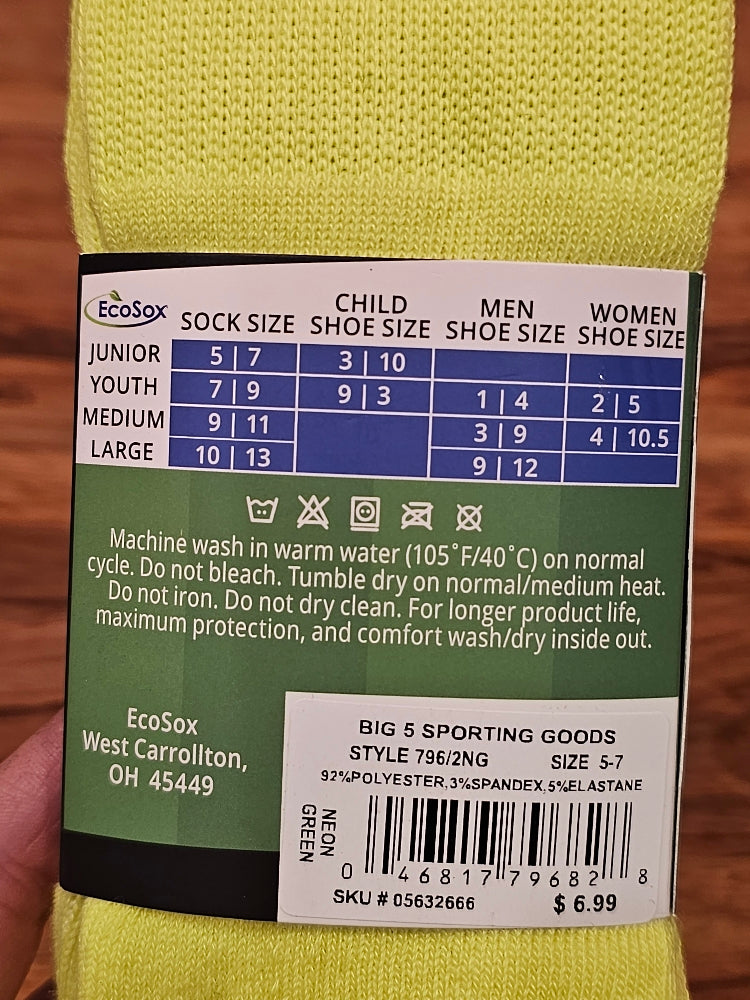 EcoSox Premier Soccer Socks - 2-Pack Neon Green (Size 5-7)