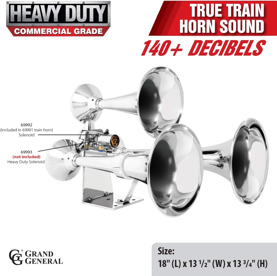 GG Grand General 69991 Chrome Heavy Duty 12/24V Train Horn with Triple Brass Trumpet for Superior Sound
