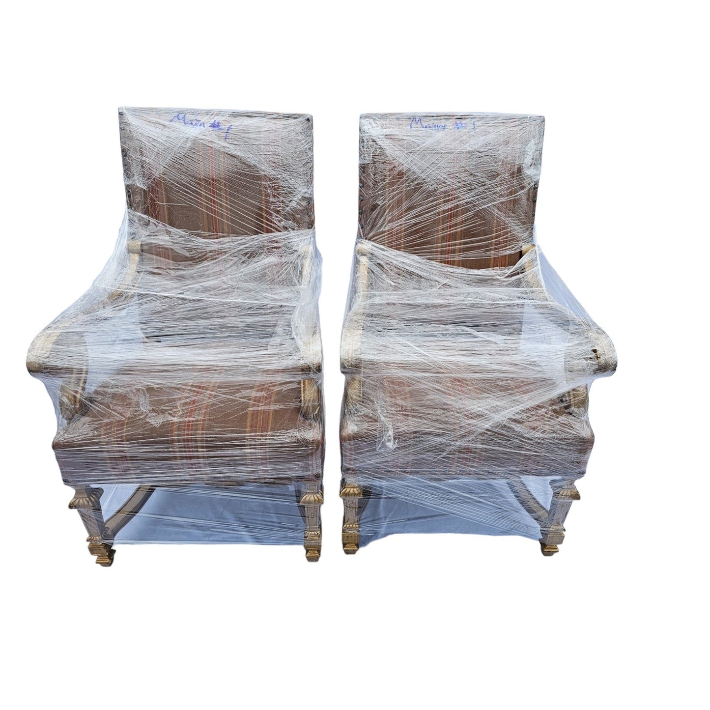 Louis XIV Victorian Style Upholstered Open Armchairs Pair