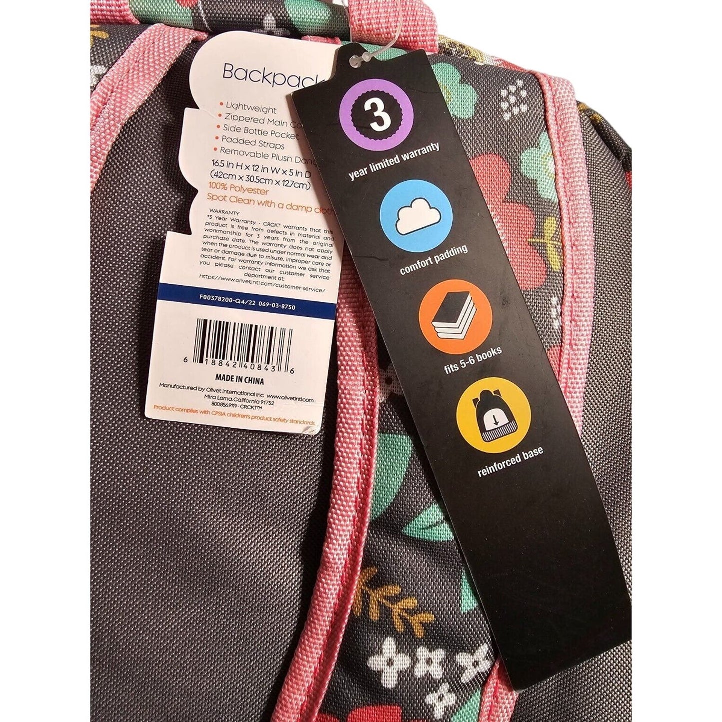 Crckt Kids' 16.5" Backpack, Gray Floral Print