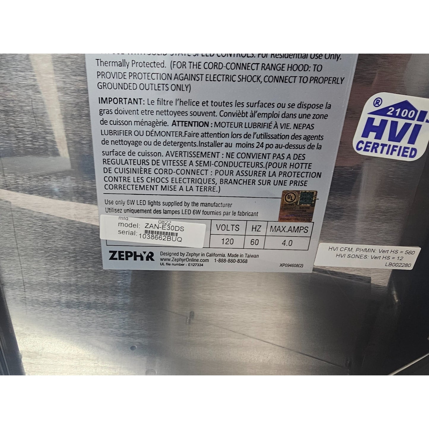 Zephyr - 30" RANGE HOOD, Model #ZAN-E30DS Stainless Steel