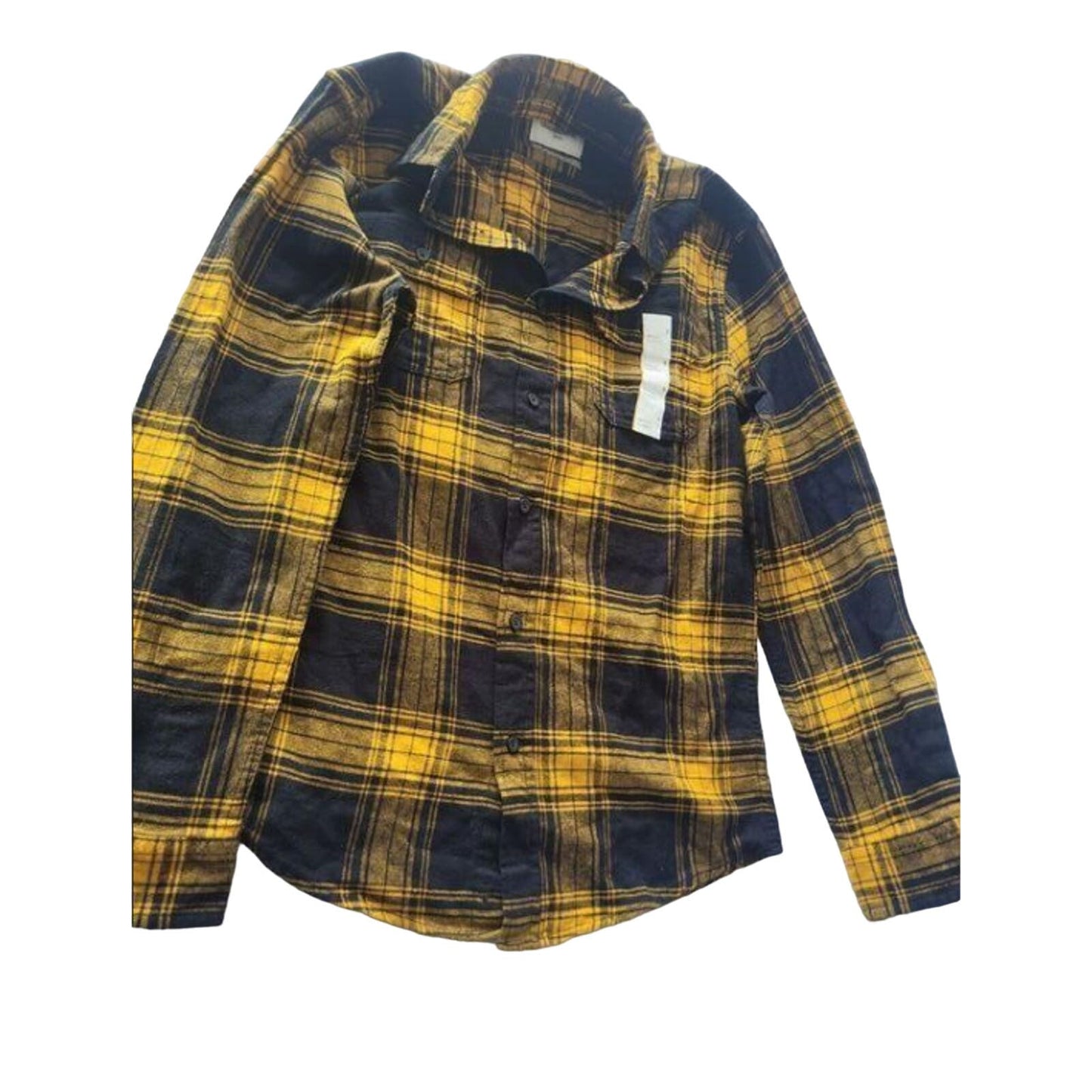 Goodfellow & Co Men's Size S Black & Mustard Plaid Midweight Flannel Button-Down