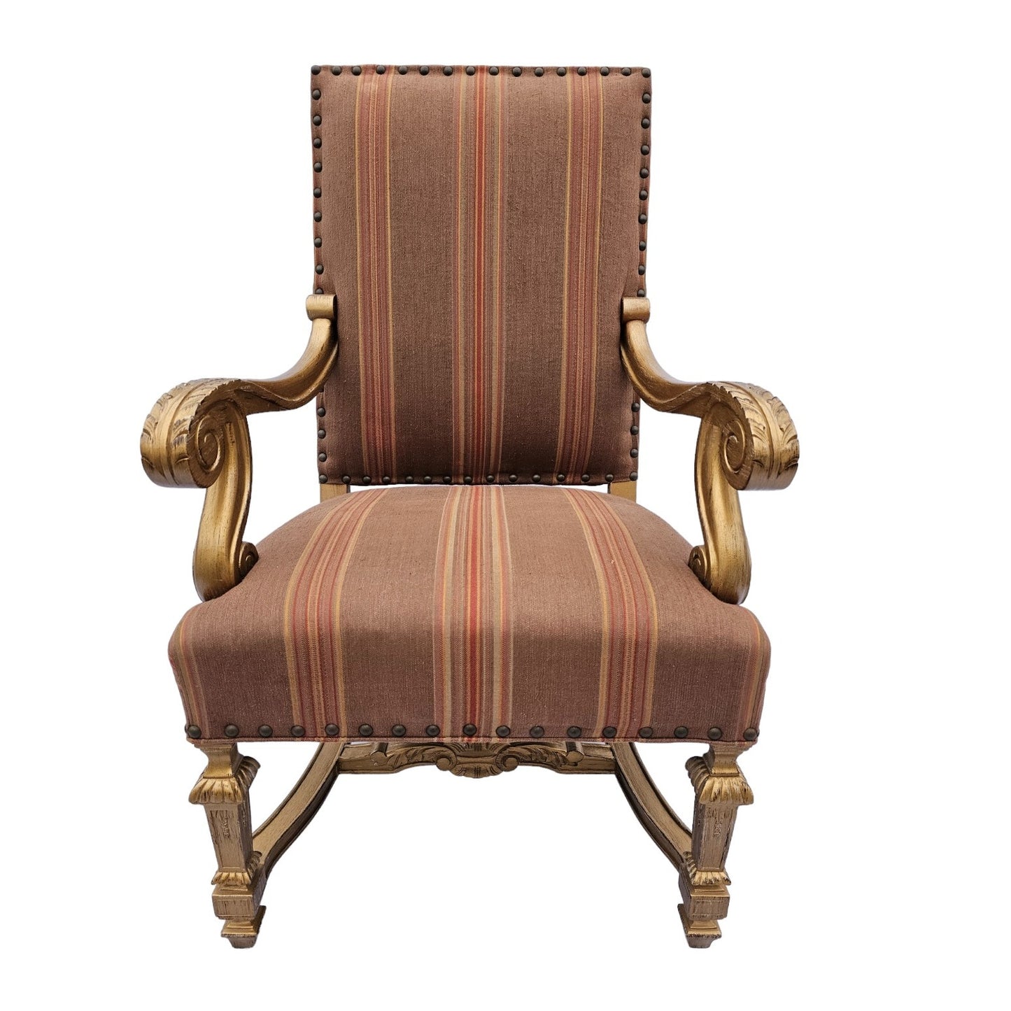 Louis XIV Victorian Style Upholstered Open Armchairs Pair