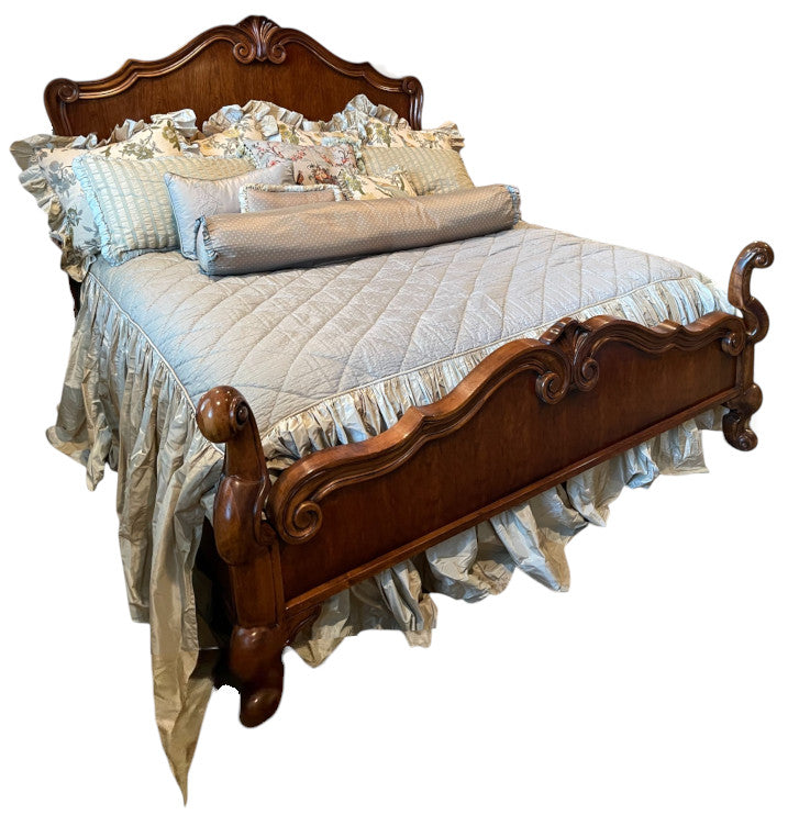 Hickory Chair Wood King Bed Set with Nightstands, Comforter, Pillows, and Armchair