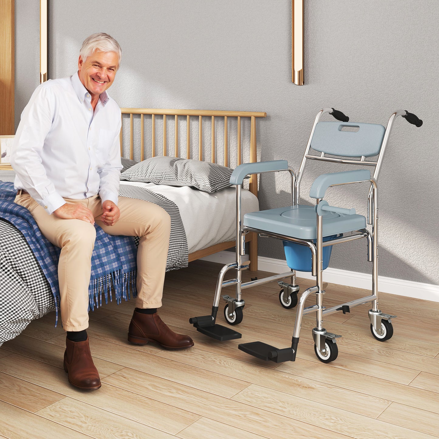 HOMCOM Rolling Shower Wheelchair for Seniors, Bedside Commode Chair with Locking Wheels, Seat, Backrest, Arms, Gray