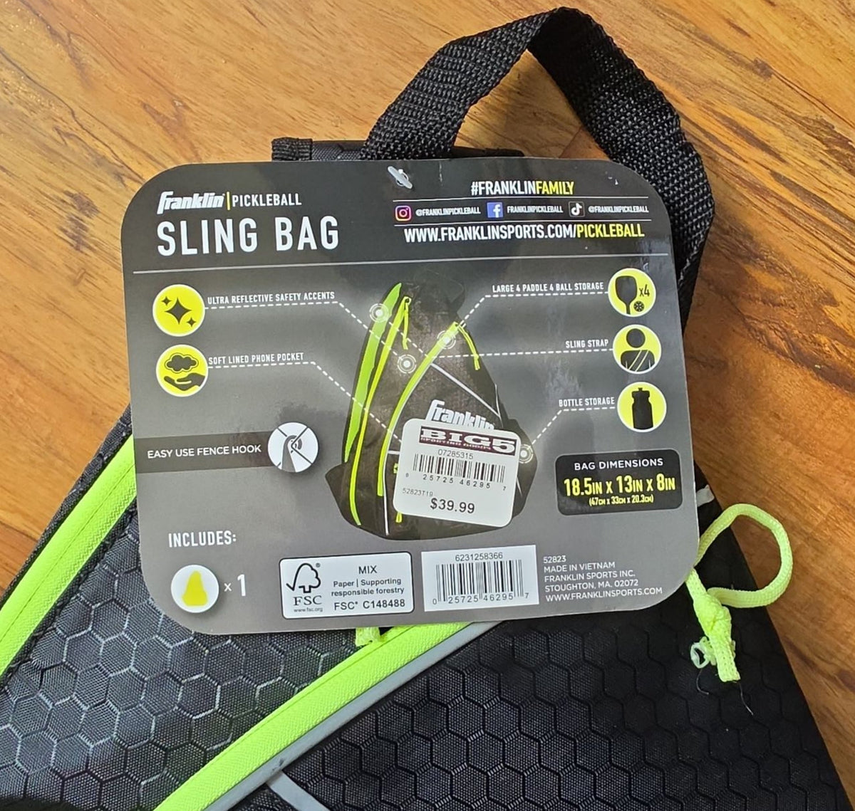 Franklin Sports Pickleball Single Paddle Sling Bag - Black/Neon Green