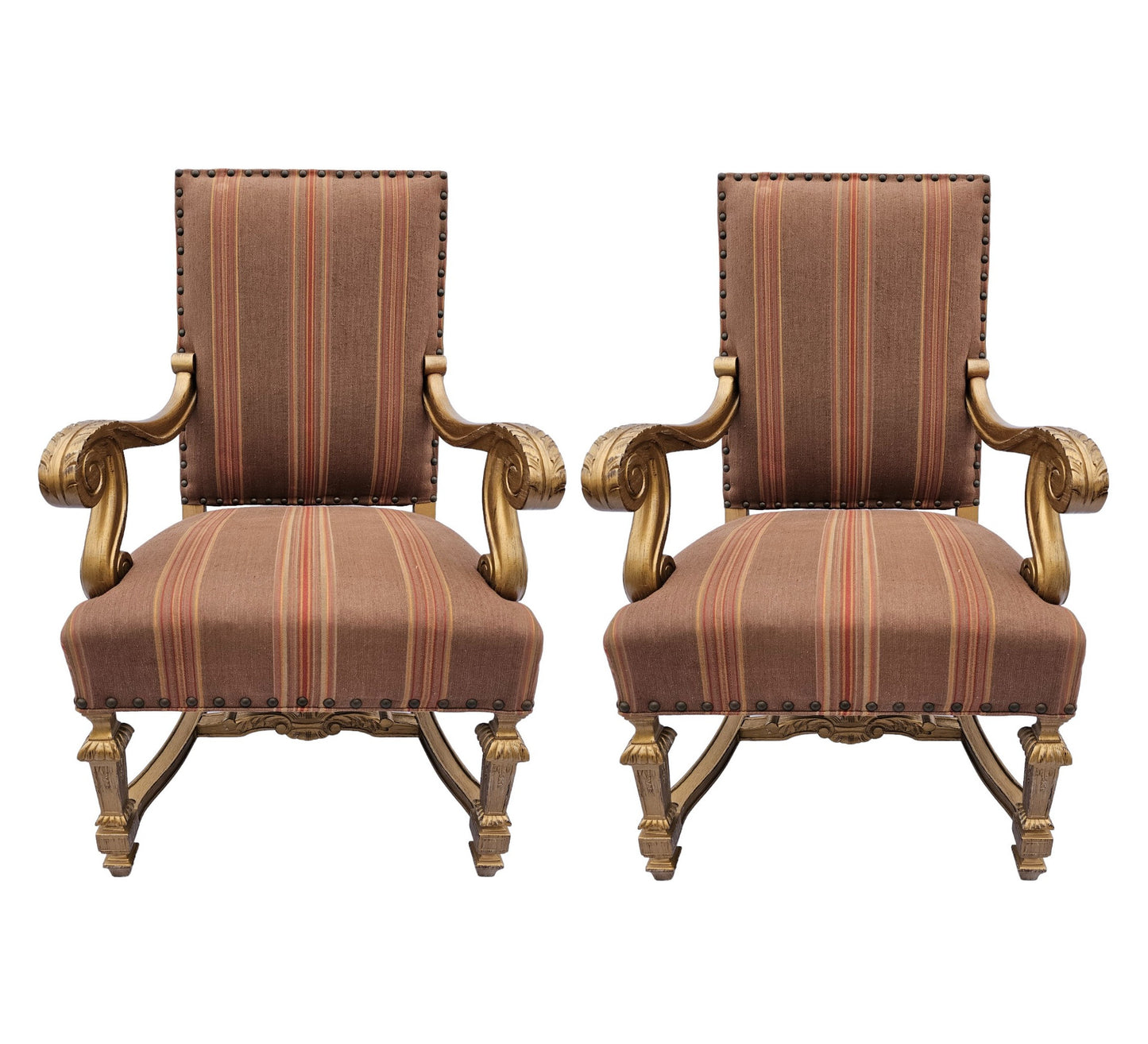 Louis XIV Victorian Style Upholstered Open Armchairs Pair