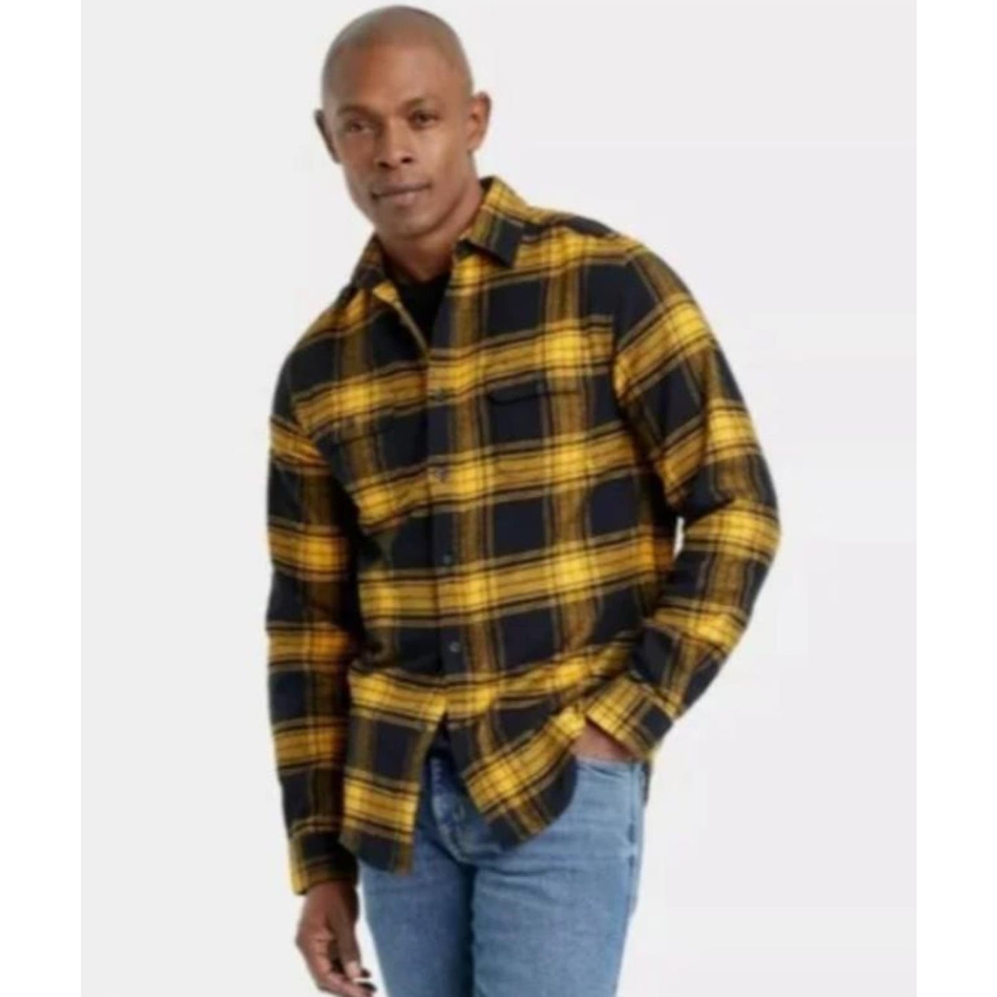 Goodfellow & Co Men's Size S Black & Mustard Plaid Midweight Flannel Button-Down