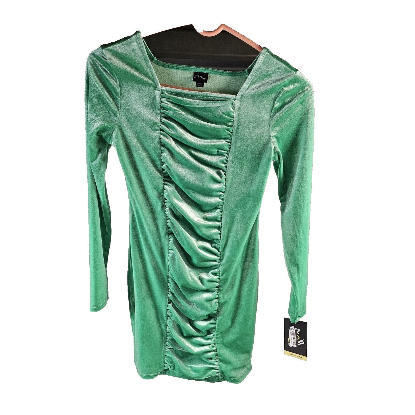 Art Class Girl's Long Sleeve Ruched Bodycon Velvet Dress - Green Size L