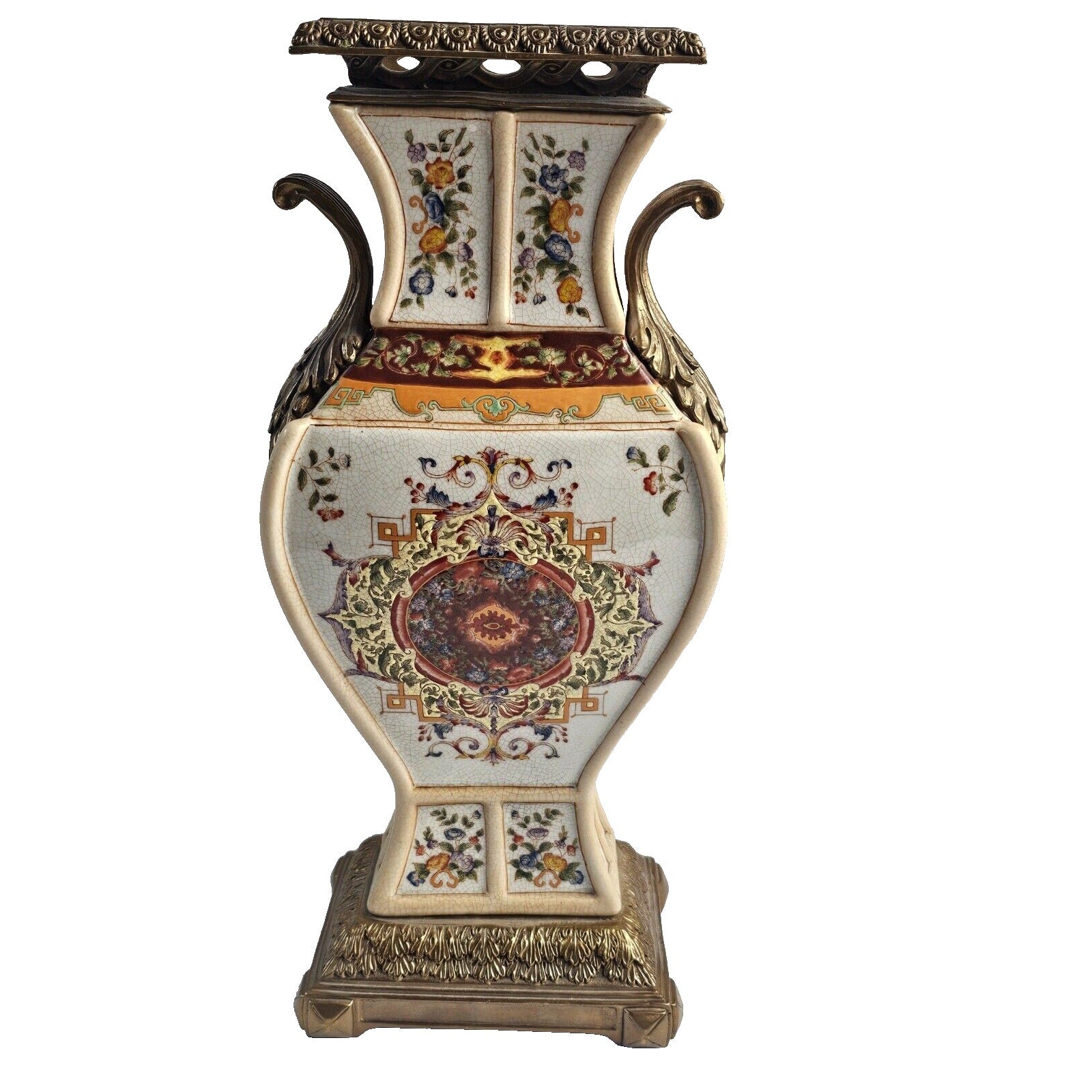 Large Vintage Castilian Porcelain & Brass Vase