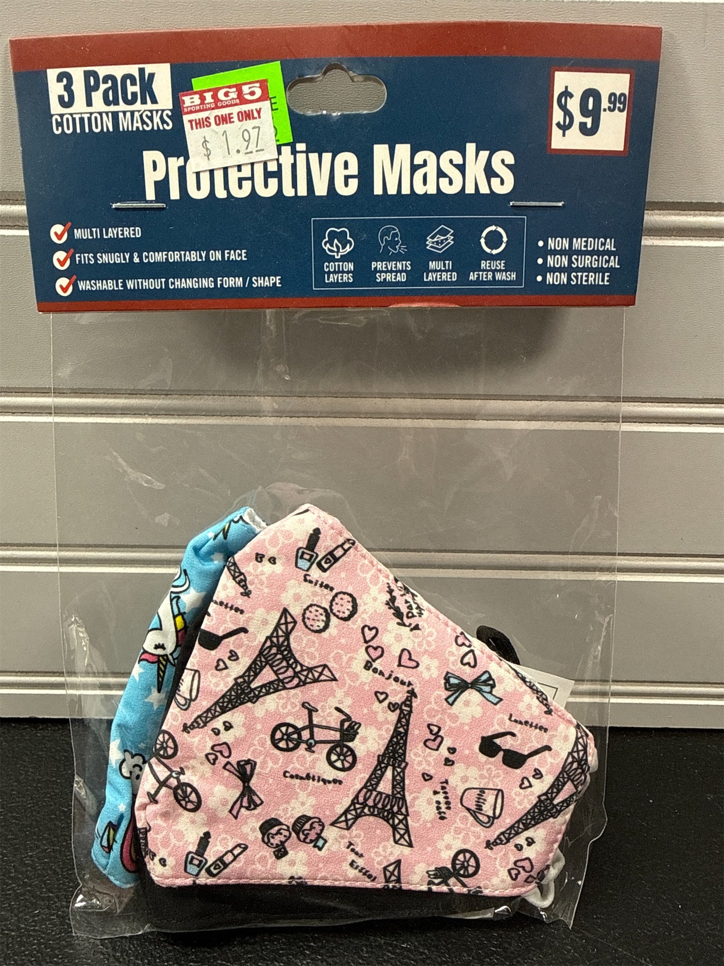 3-Pack Triple-Layer Printed Cotton Face Masks - Adjustable One Size