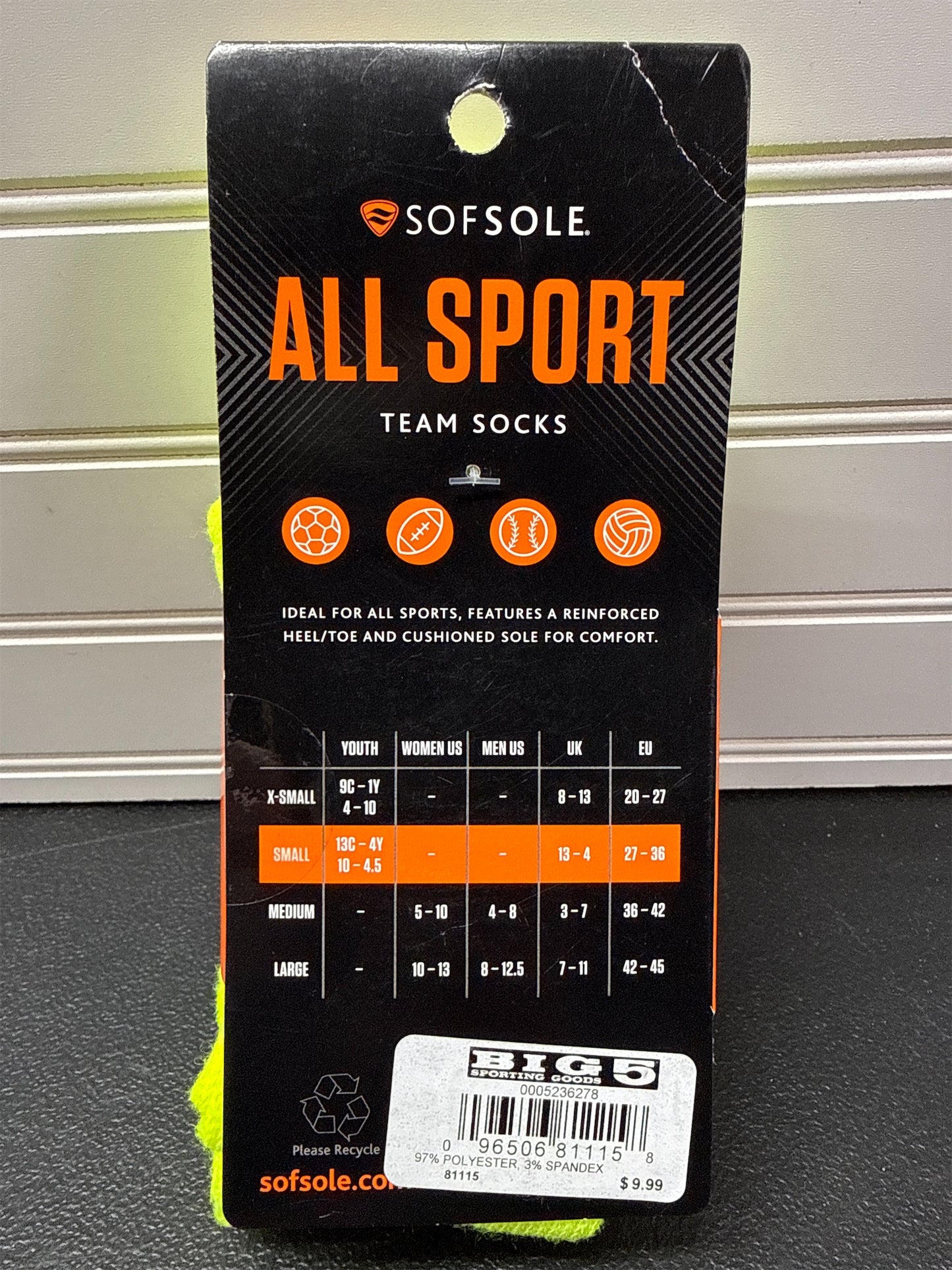 Sofsole All-Sport Youth Team Athletic Socks - 2-Pack, Neon Yellow, Small