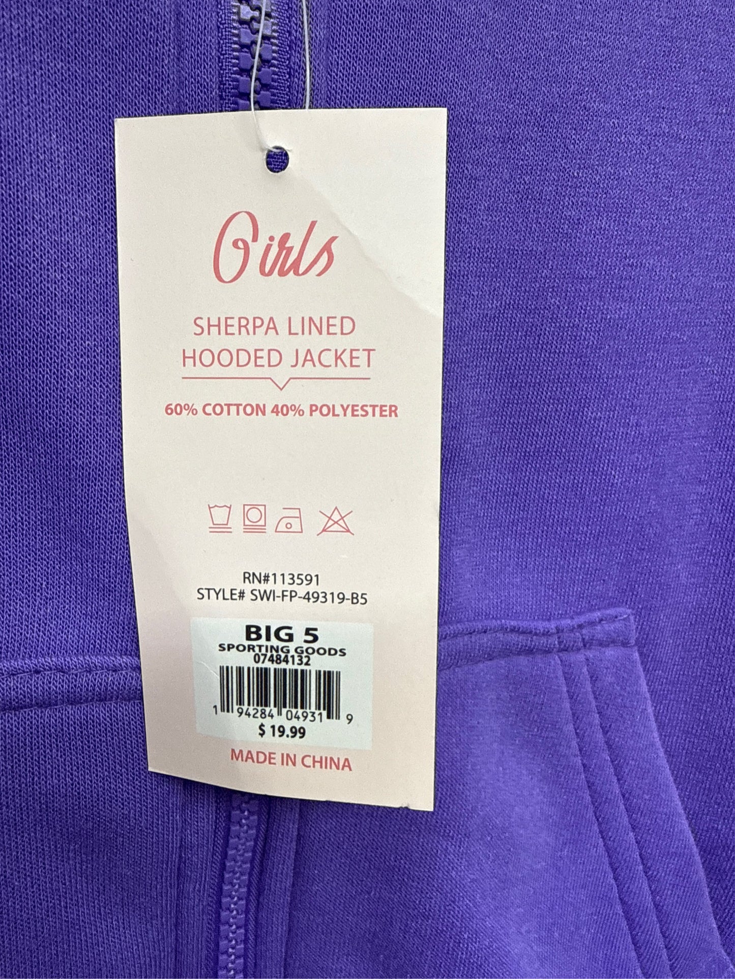 Seven Apparel Girls' Sherpa-Lined Hooded Full-Zip Jacket - Purple, Size XL (14-16)
