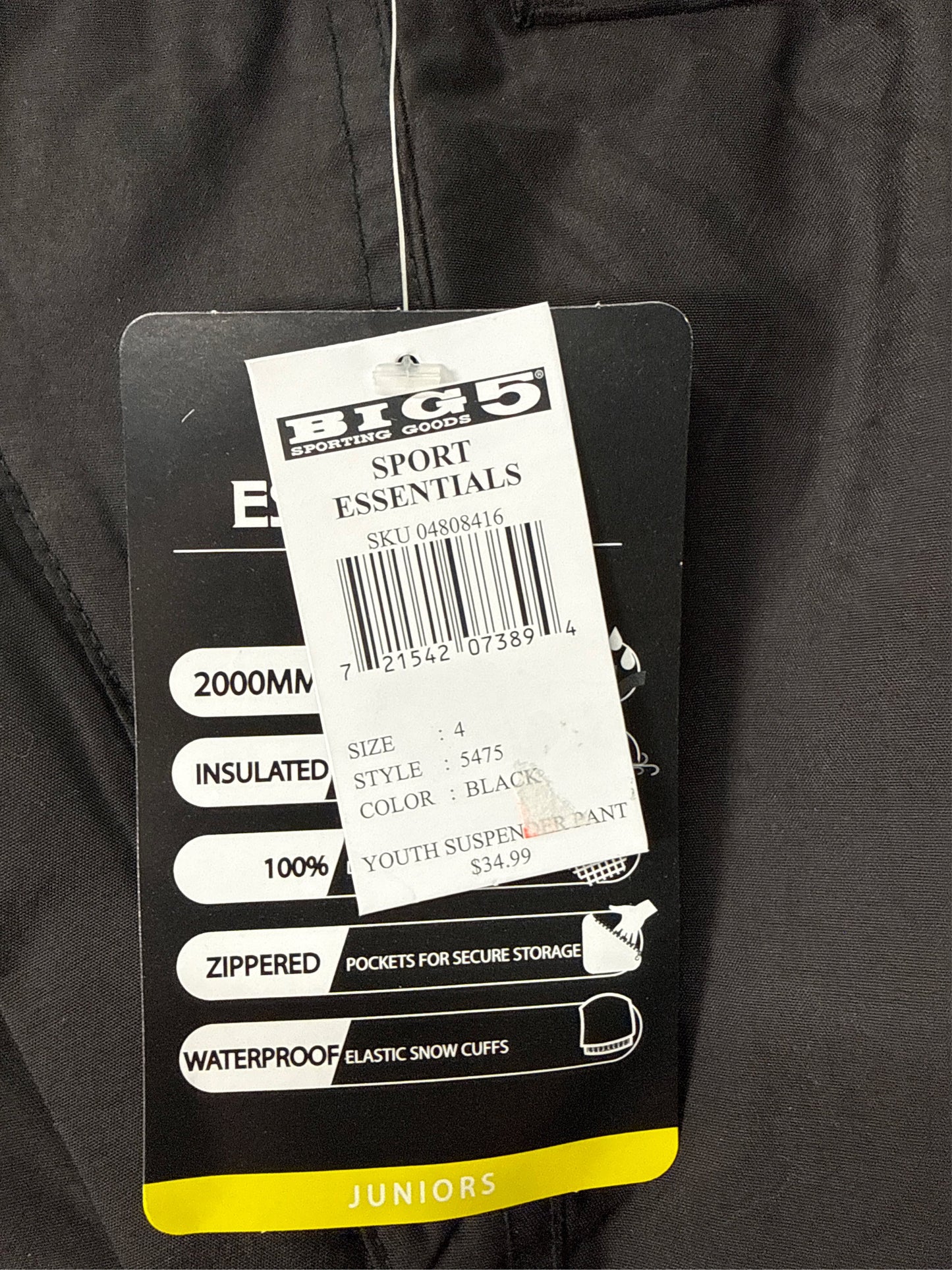 Sport Essentials Junior Youth Suspender Snow Pants - Black, Size 4