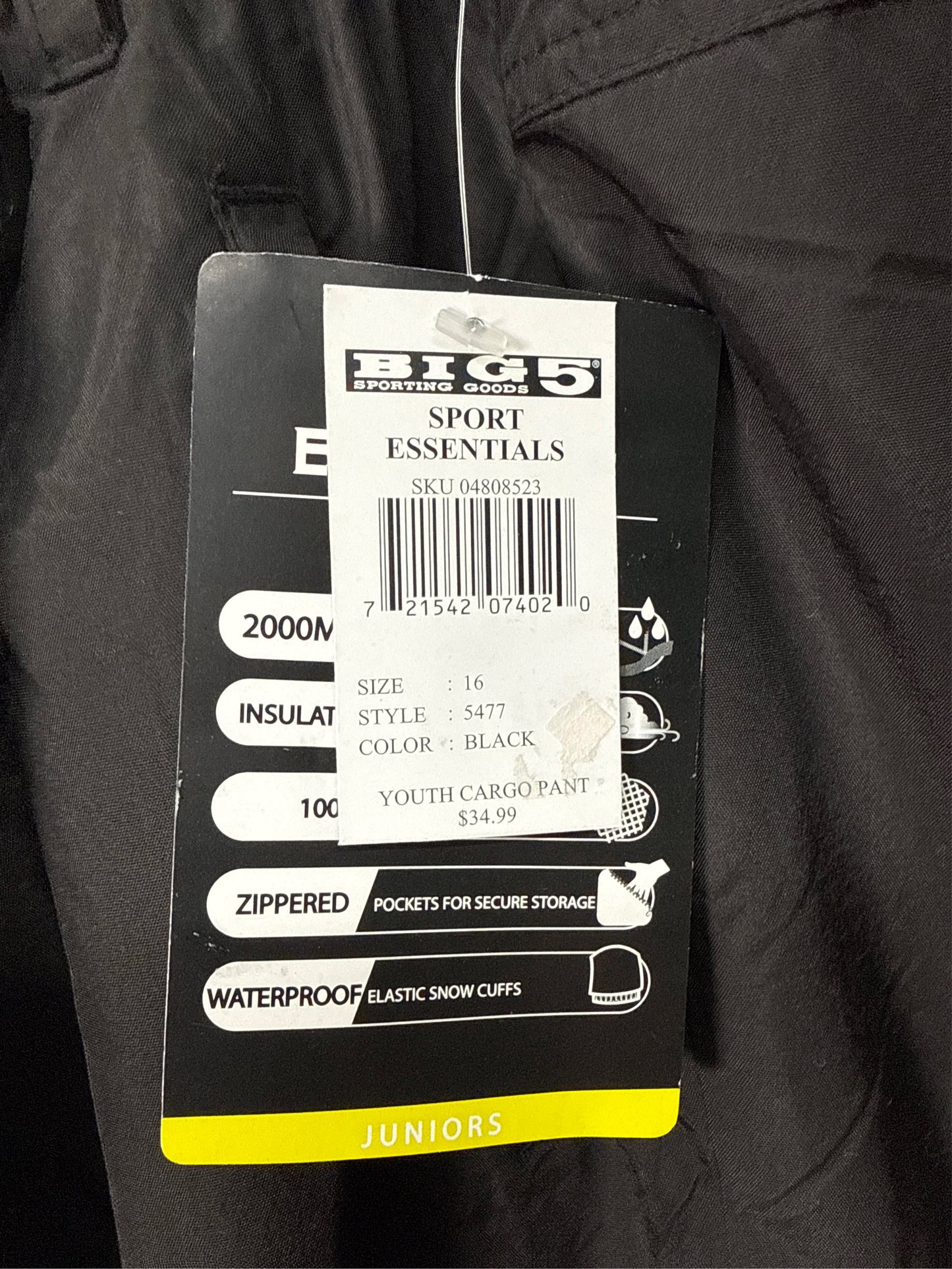 Sport Essentials Junior's Insulated Cargo Snow Pants - Black, Size 16