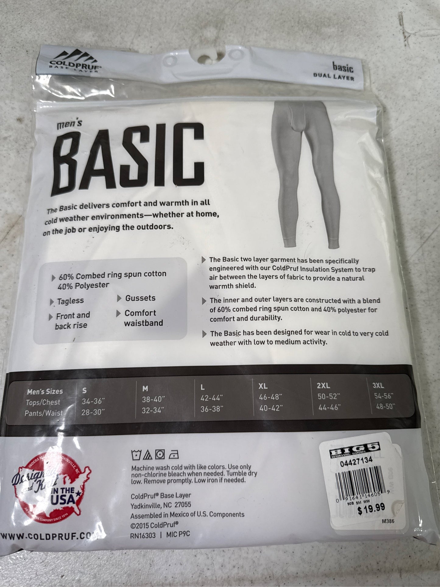 Coldpruf Men's Basic Dual Layer Thermal Base Layer Pants - White, Size S