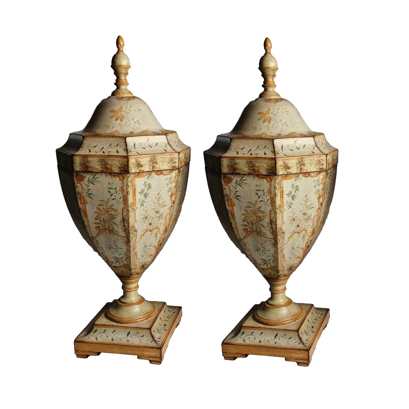 2 Large Vintage Hand Painted Lidded Antique French Vases