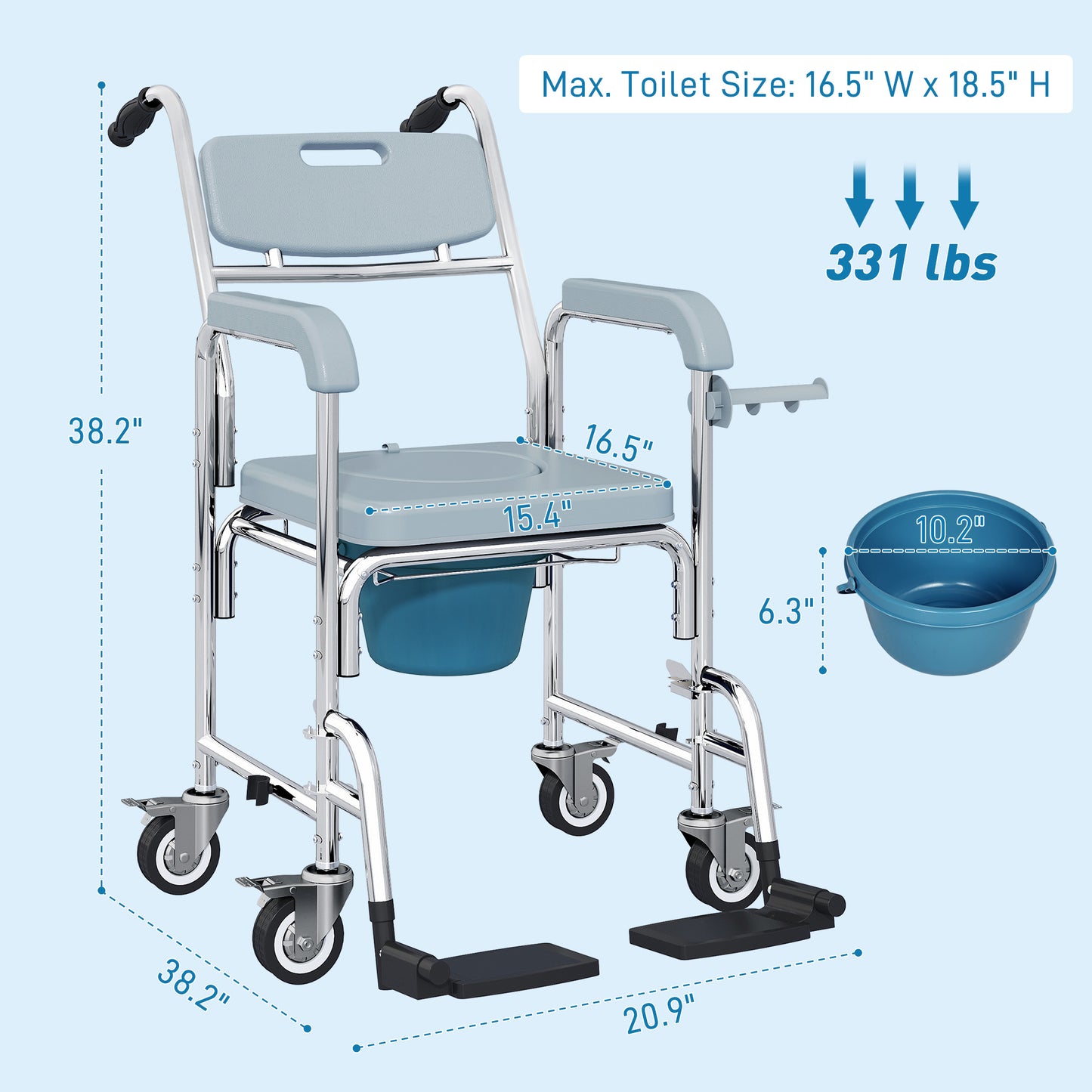 HOMCOM Rolling Shower Wheelchair for Seniors, Bedside Commode Chair with Locking Wheels, Seat, Backrest, Arms, Gray