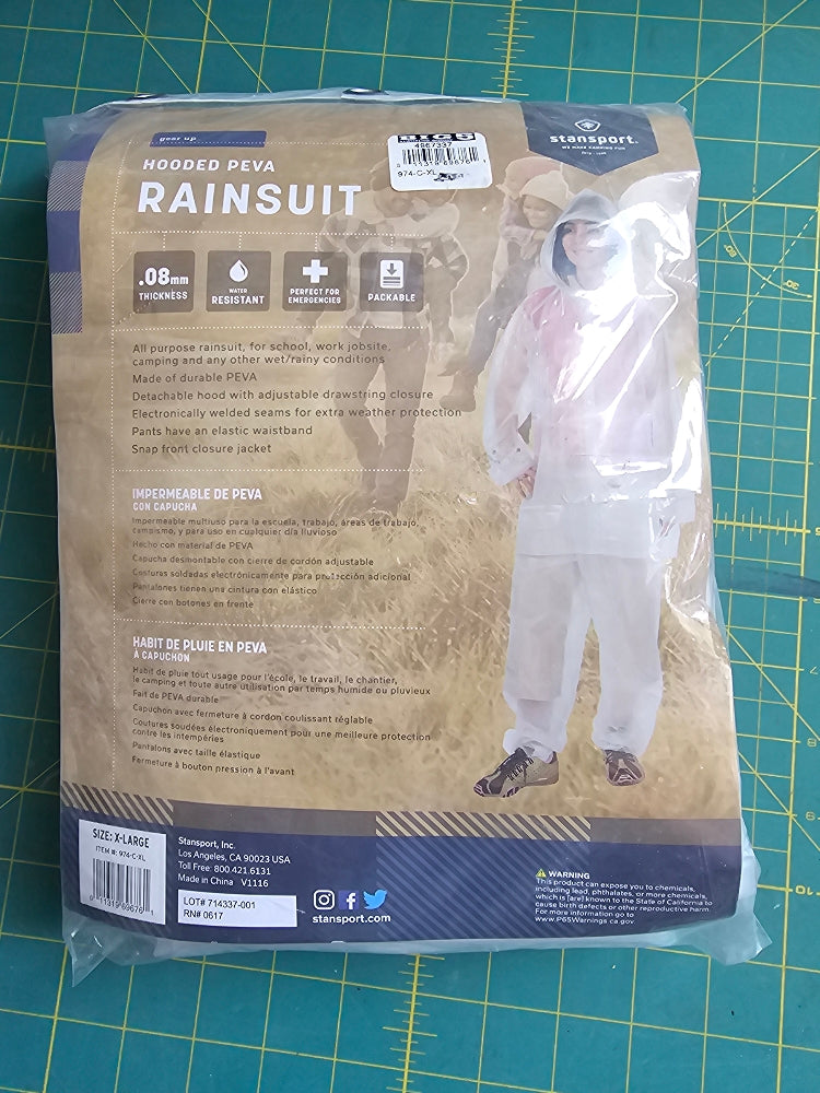 Stansport Adult 2-Piece PEVA Rain Suit - Clear, XL