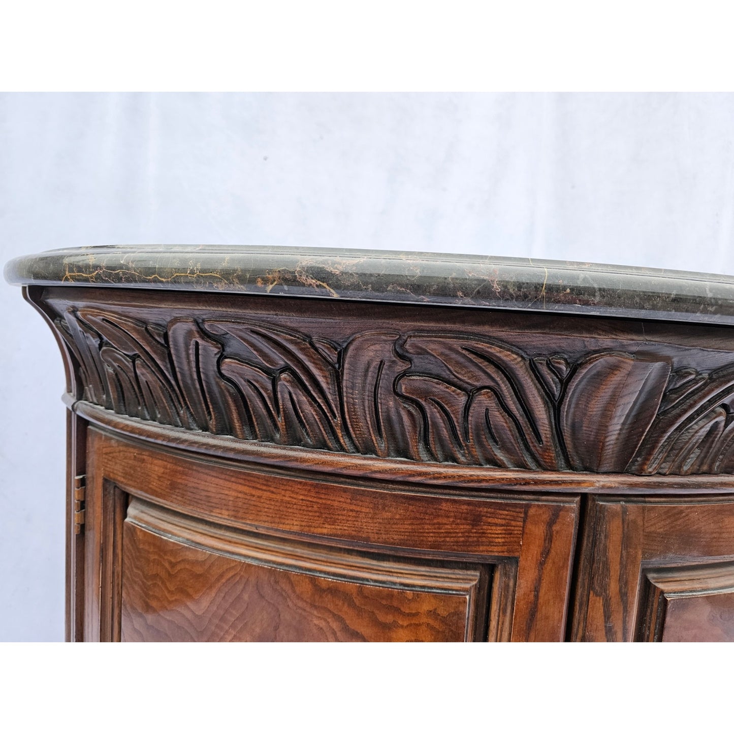 Henredon Mahogany and Marble Burled Demilune Half Circle Nightstands - Pair of 2
