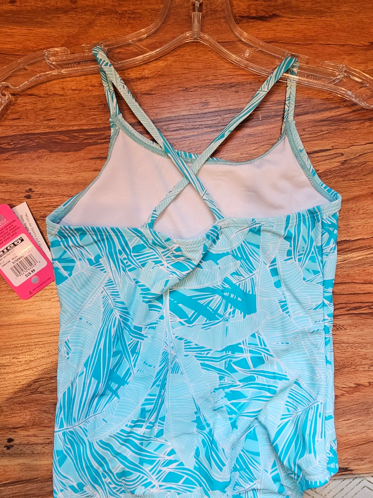 Laguna Girls' One-Piece Swimsuit, Turquoise Palm Print, Size M (10/12)