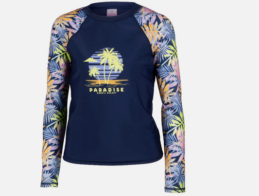 Laguna Girls' Long-Sleeve Palm Leaves Rash Guard Swim Tee, Navy, Size S (7/8)