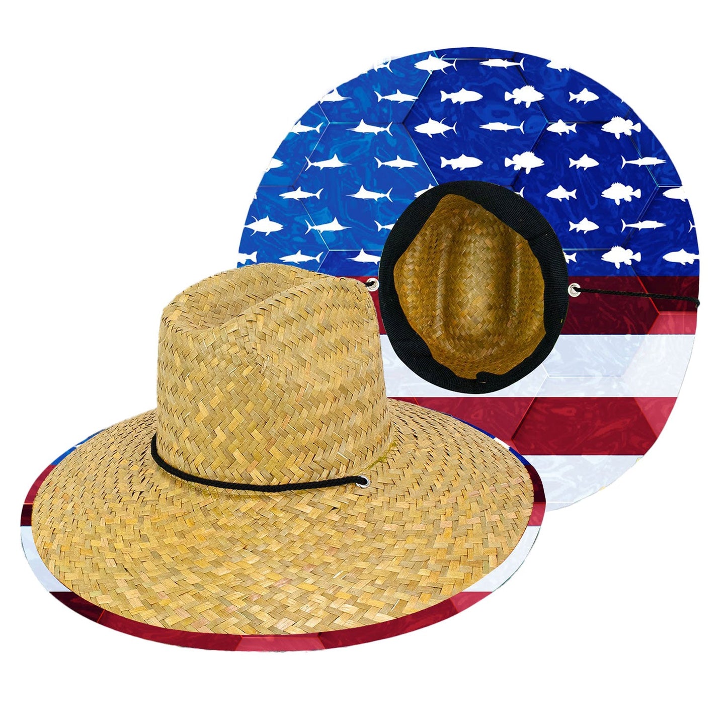 Goldcoast Sunwear Lever Straw Lifeguard Hat - 4.5" Brim - Patriotic Fish Print