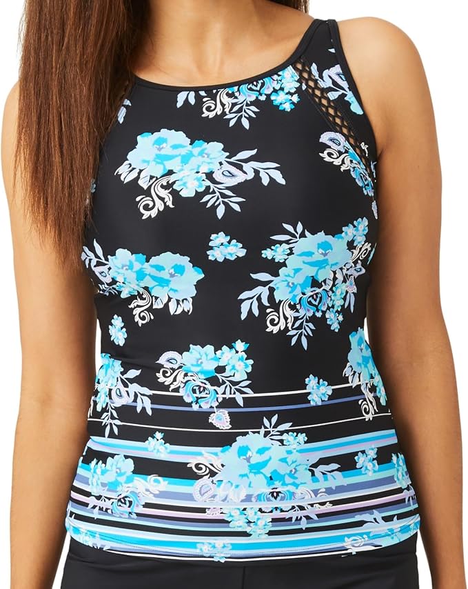 Free Country Women's Bouquet High-Neck Tankini Swimsuit - Black Combo, Size M