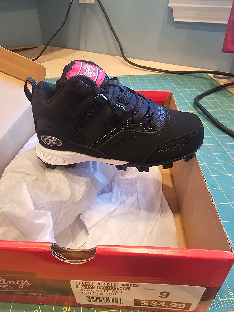 Rawlings Sideline Mid Youth Baseball Cleats - Black/Silver, Size 9