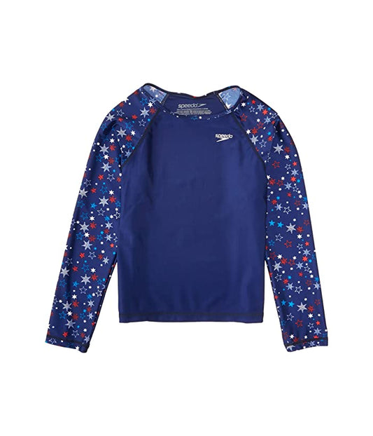 Speedo Girls' Long Sleeve Rashguard Swim Shirt - UPF 50+ Navy Print, Medium