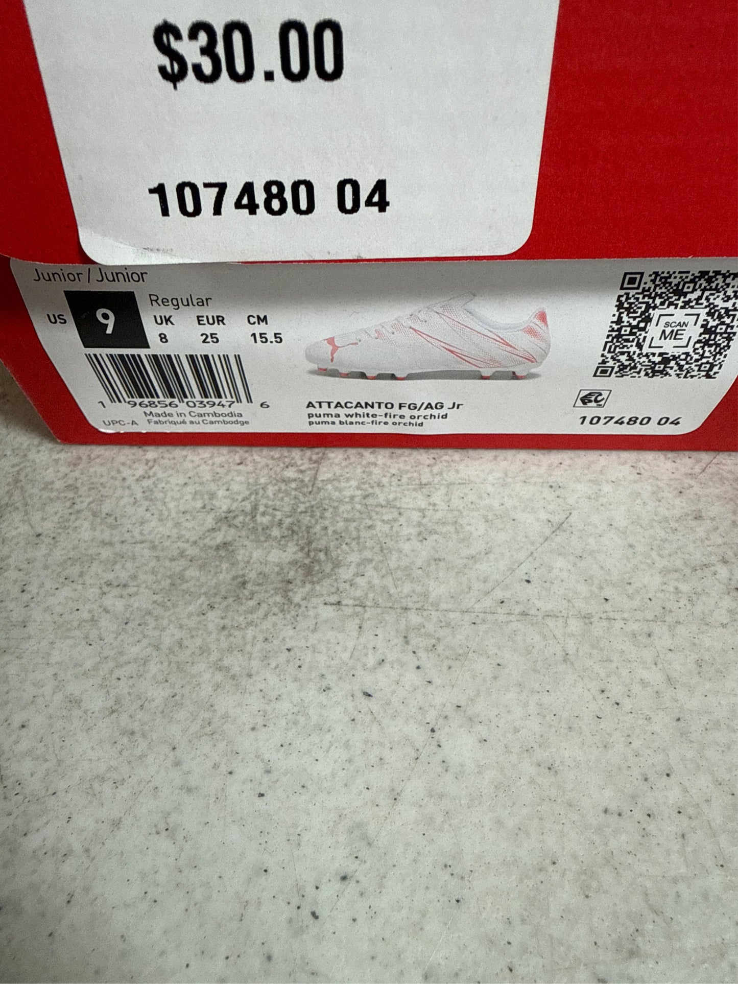 Puma Kids' Attacanto FG/AG Soccer Cleats - White/Fire Orchid, Size 9