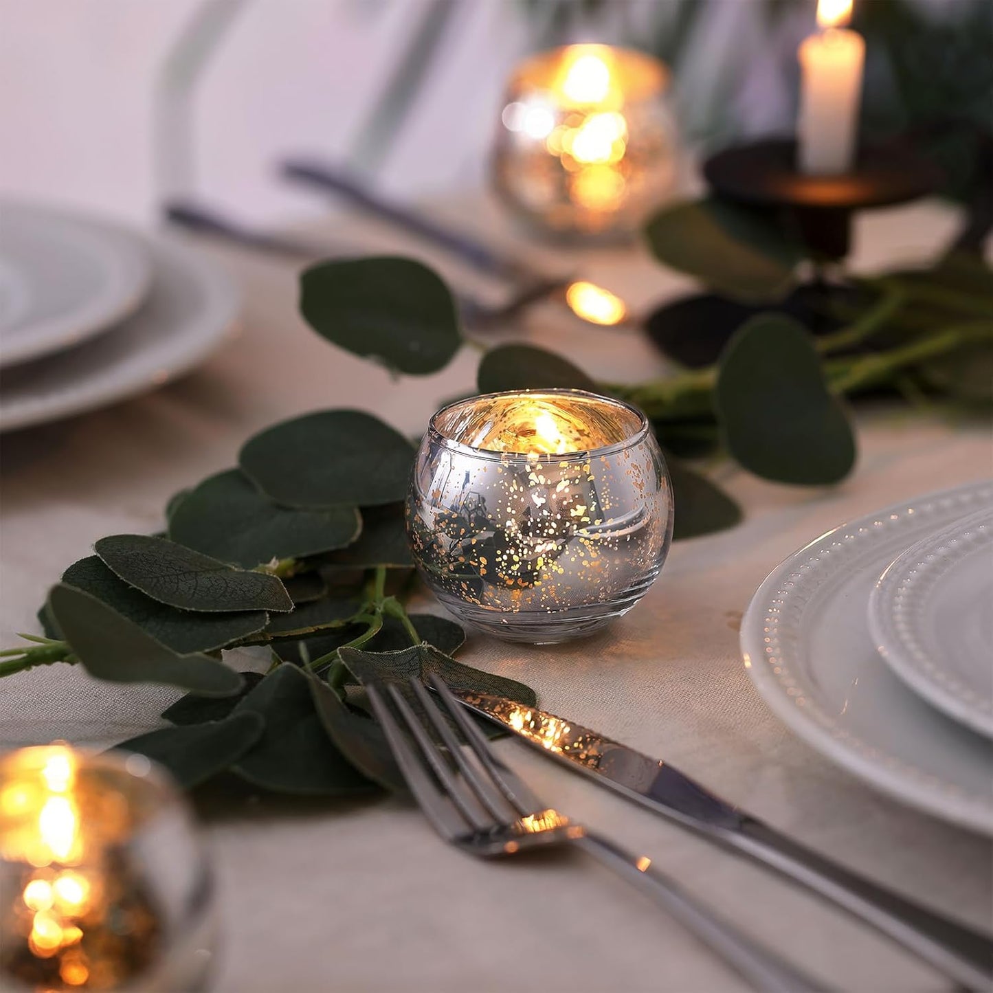 24 Silver Votive Candle Holders Table Centerpieces Speckled Round Mercury Glass