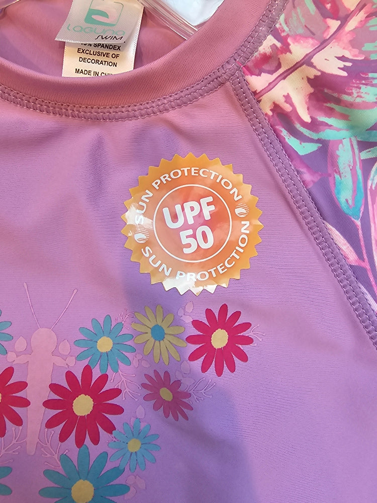 Laguna Girls' Long-Sleeve Rash Guard Swim Shirt - Purple Butterfly, Size S (7/8)