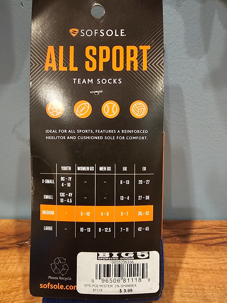 Sof Sole All-Sport Adult Team Socks, 2-Pack - Royal Blue, Medium
