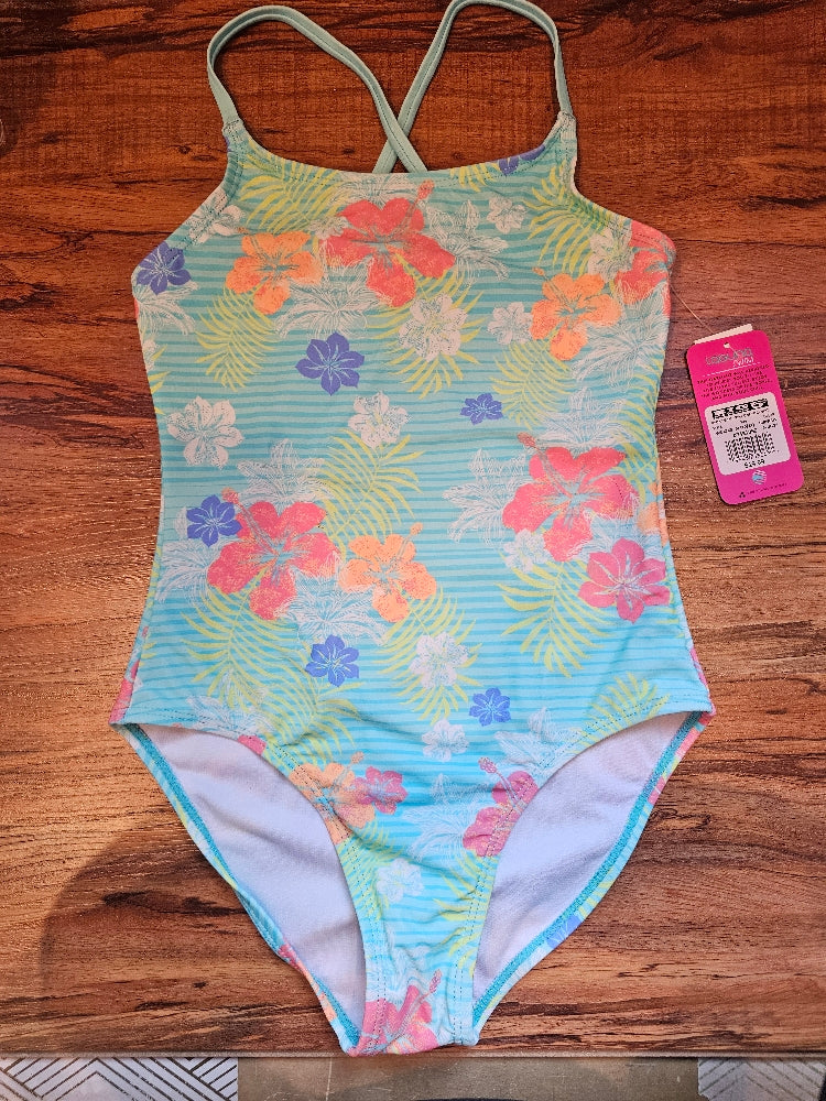 Laguna Girls' Hibiscus Plunge One-Piece Swimsuit, Size M (10/12)