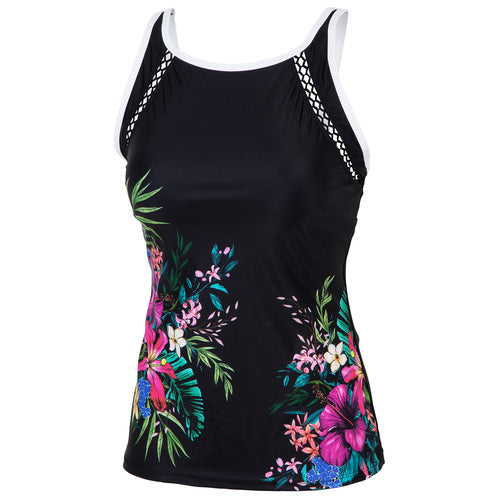 Free Country Women's High Neck Novelty Tankini Top - Black Floral, Size L