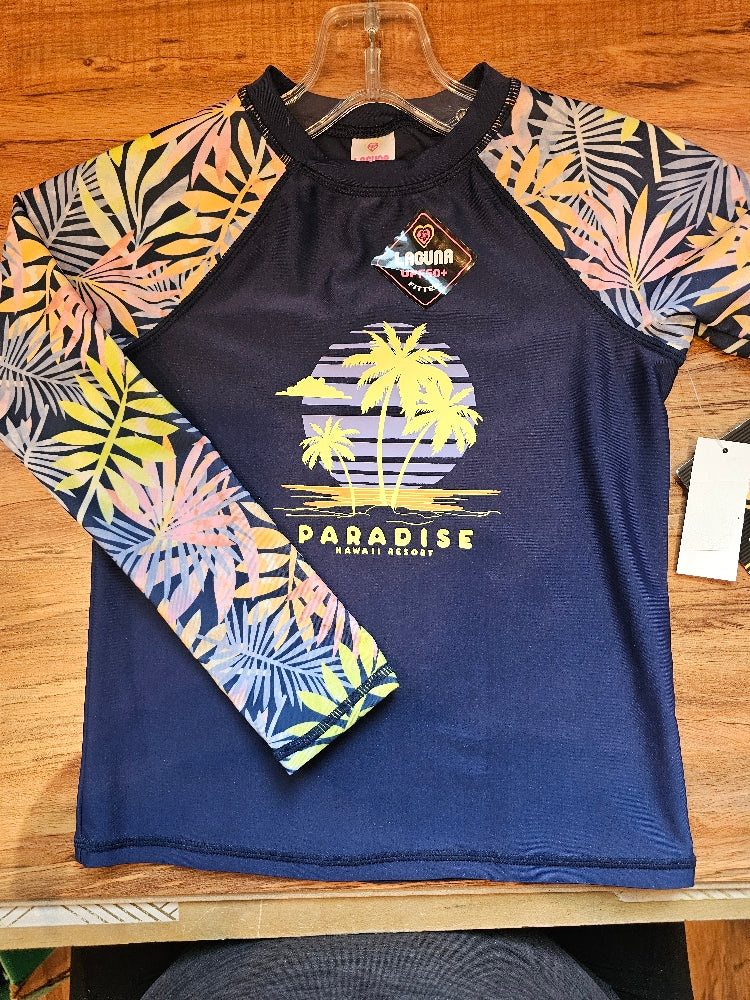 Laguna Girls' Long-Sleeve Palm Leaves Rash Guard Swim Tee, Navy, Size S (7/8)
