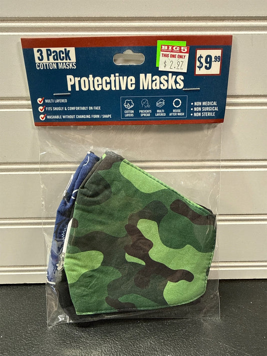 3-Pack Cotton Triple-Layer Protective Face Masks - Printed & Solid - One Size