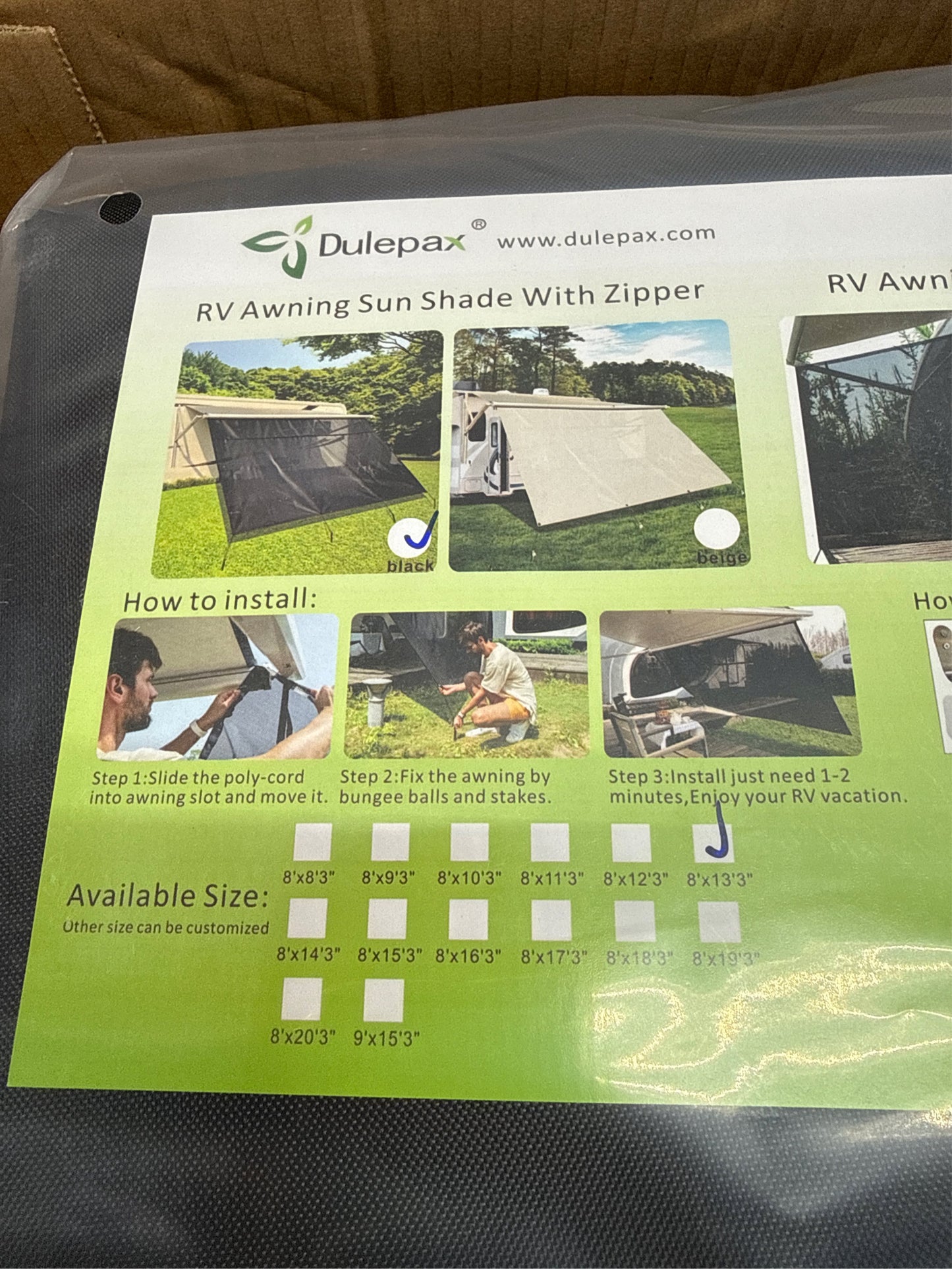Dulepax RV Awning Shade Screen with Zipper 8'X13'3'' -Second Generation RV Awning Screen Significantly Improves Shadew and Privacy.Universal RV Awning Sun Shade Screen with Complete Kits