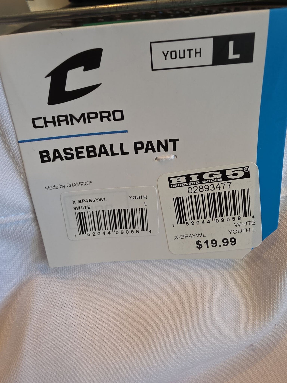 Champro Youth Classic Elastic-Bottom Baseball Pants - White, Size L