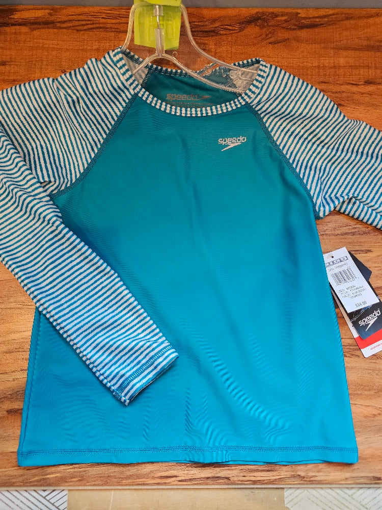Speedo Girls' Long Sleeve Rashguard Swim Shirt - UPF 50+, Blue Combo, Size M