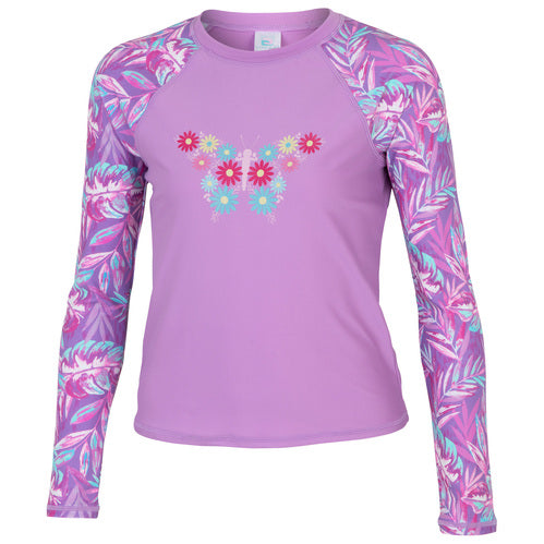 Laguna Girls' Long-Sleeve Rash Guard Swim Shirt - Purple Butterfly, Size S (7/8)
