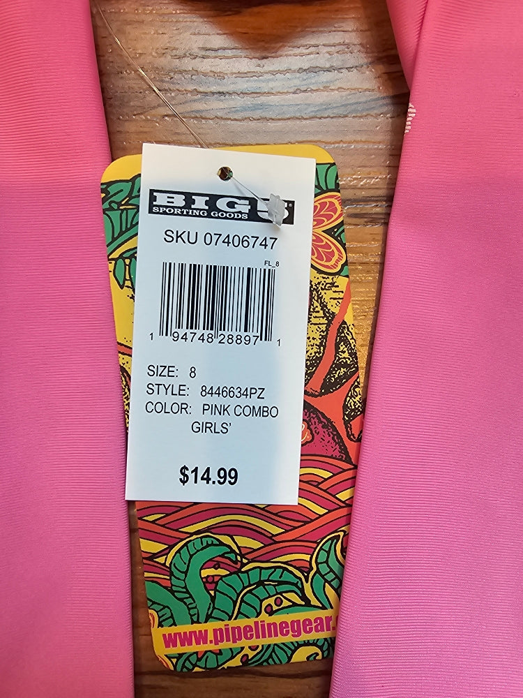 Pipeline Girls' Long Sleeve Rash Guard - UPF 50+ Sun Protection, Pink Floral, Size 8