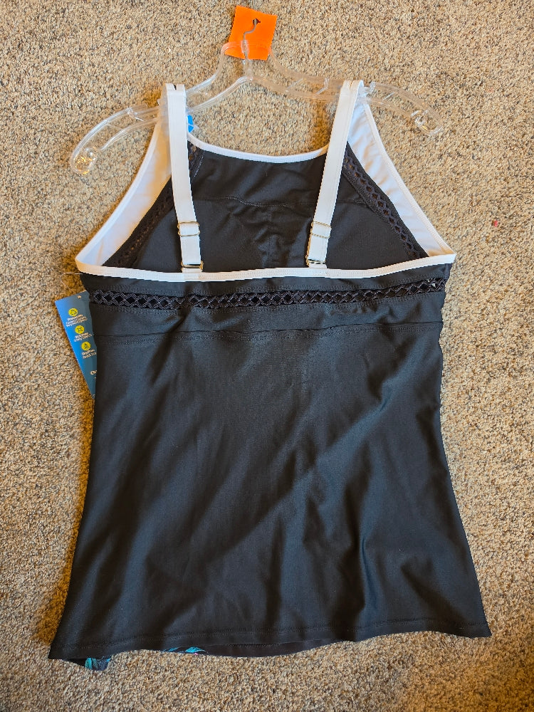 Free Country Women's High Neck Novelty Tankini Top - Black Floral, Size L