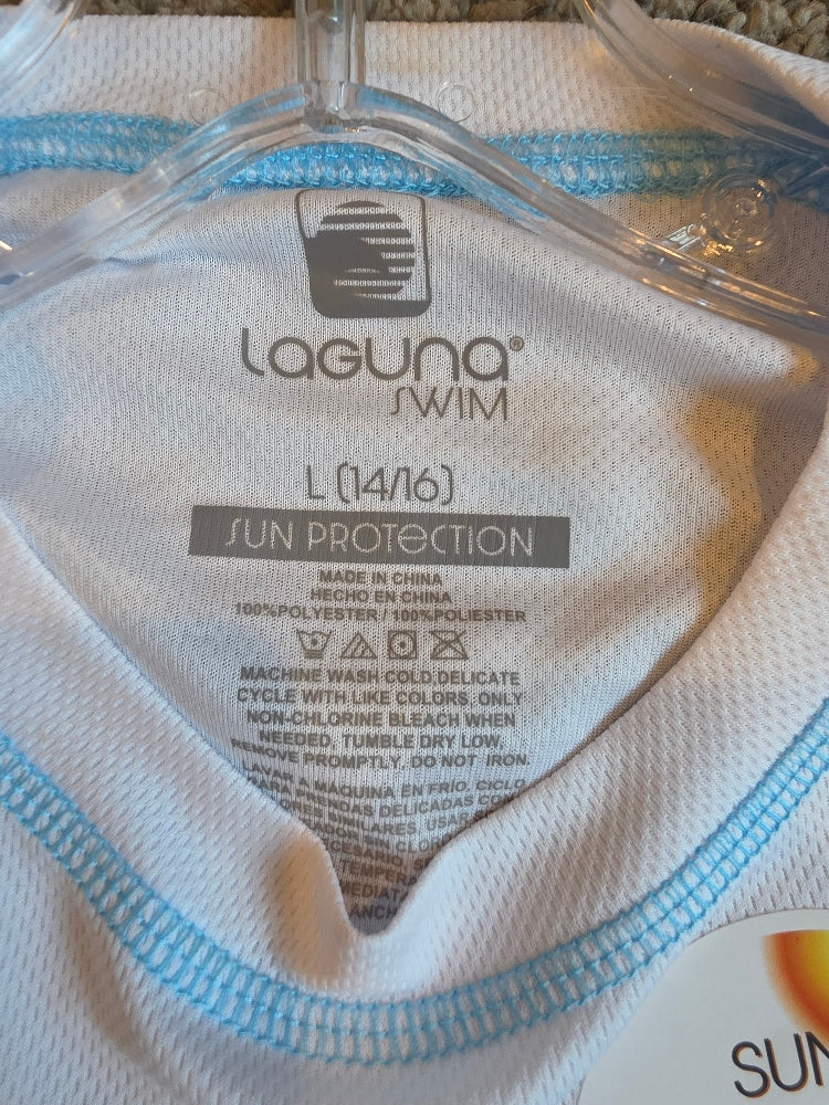 Laguna Boys' Long-Sleeve Surf Beat Swim Tee - White/Blue, Size L (14/16)
