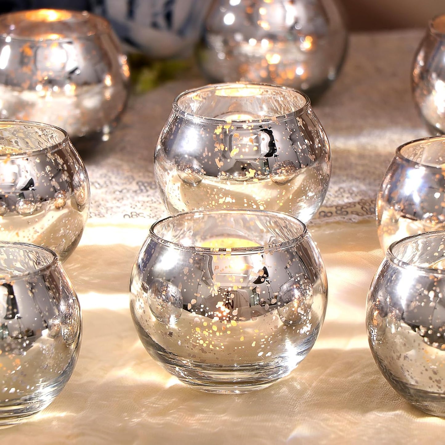 24 Silver Votive Candle Holders Table Centerpieces Speckled Round Mercury Glass